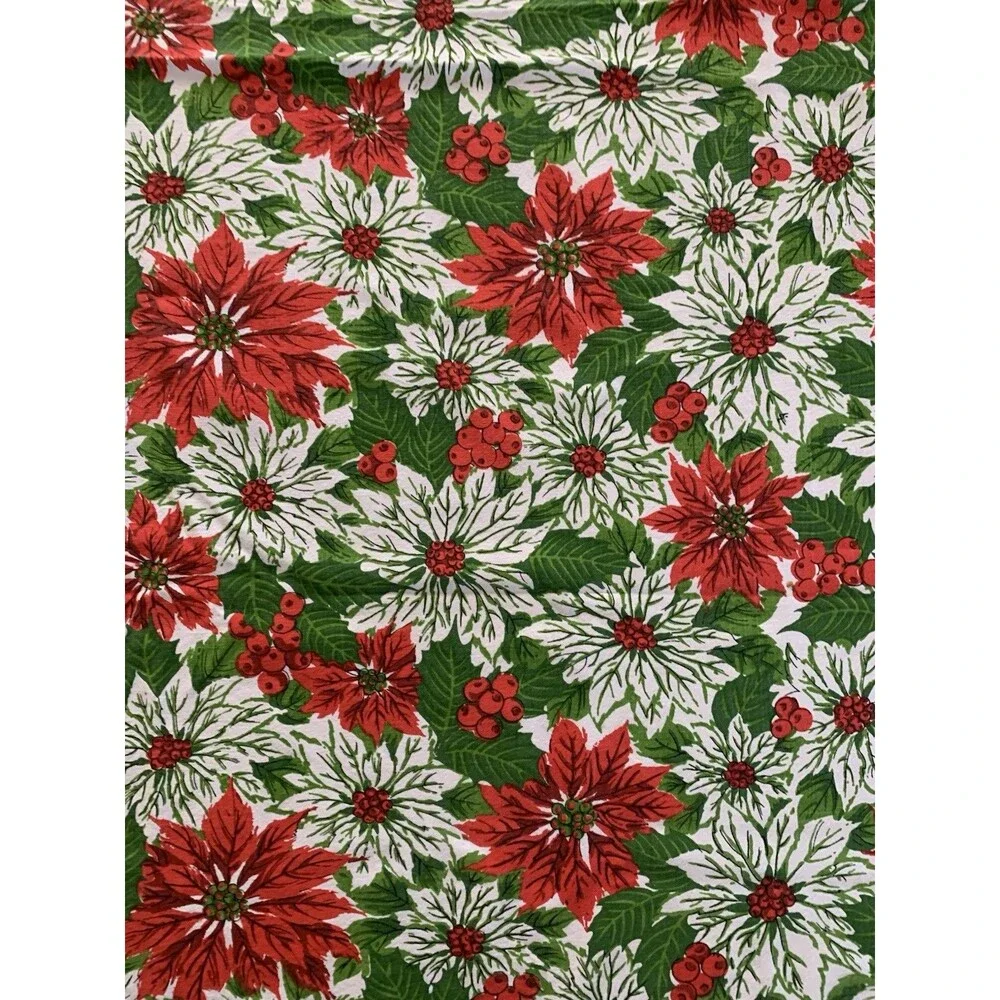 Vintage Cotton Christmas Pointsetta Holly Berries Tablecloth 4’ By 5’